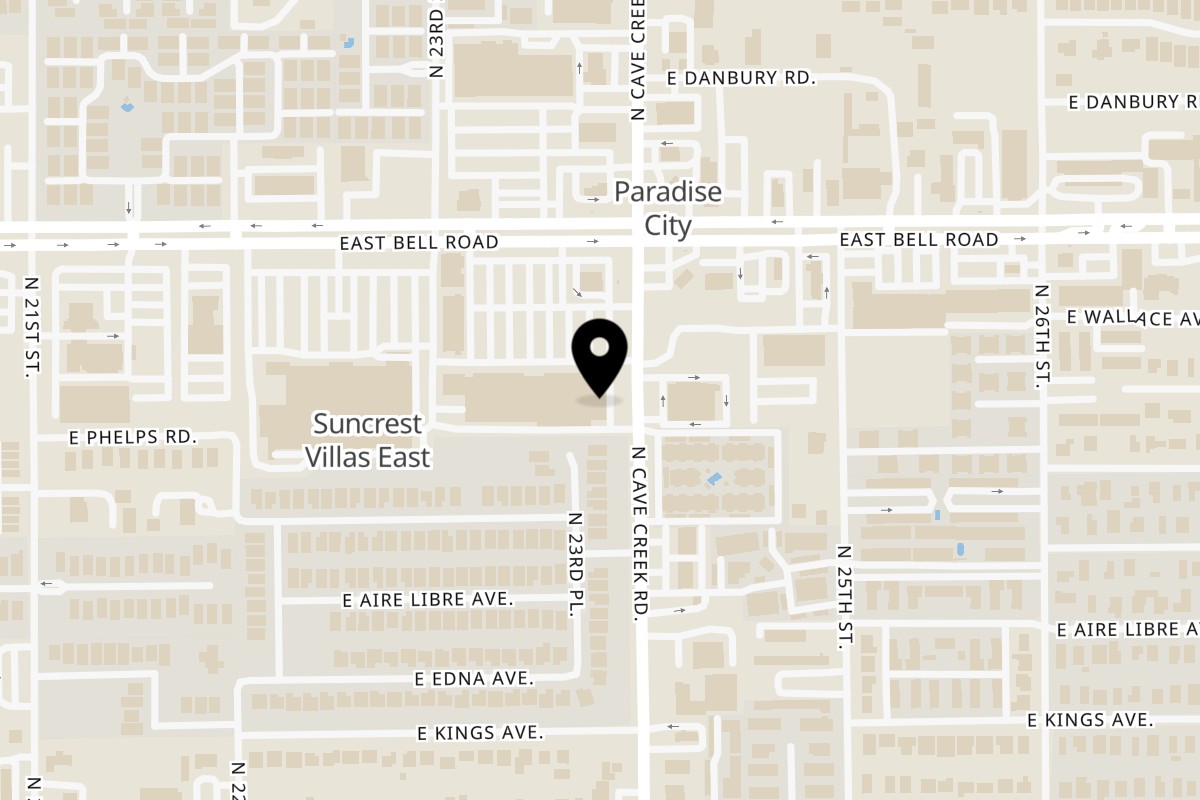 Map showing the location of Topnotch Island Flavor Kitchen on 16816 N Cave Creek Rd in Phoenix